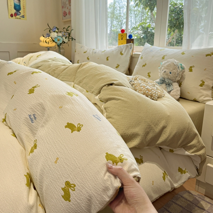 王朝国际 2026爆款皱皱双层纱四件套布丁兔