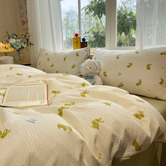 91家纺网 家纺一手货源 找家纺 王朝国际 2026爆款皱皱双层纱四件套布丁兔