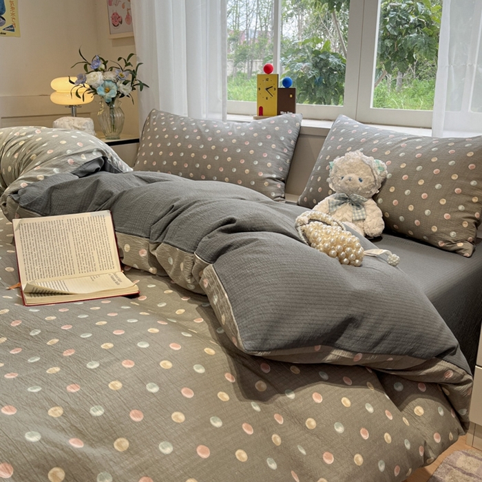 91家纺网 家纺一手货源 找家纺 王朝国际 2026爆款皱皱双层纱四件套彩色波点