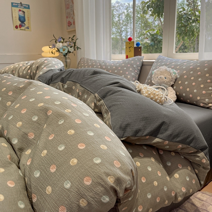 91家纺网 家纺一手货源 找家纺 王朝国际 2026爆款皱皱双层纱四件套彩色波点