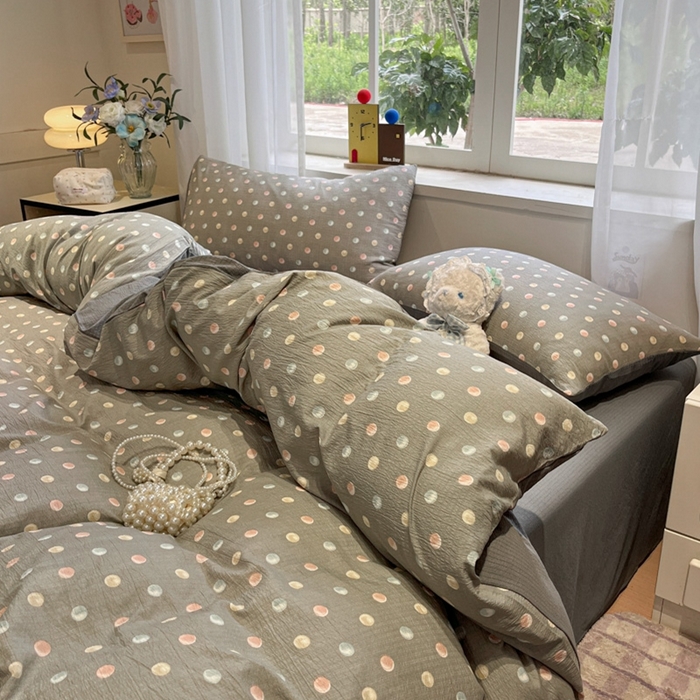 91家纺网 家纺一手货源 找家纺 王朝国际 2026爆款皱皱双层纱四件套彩色波点