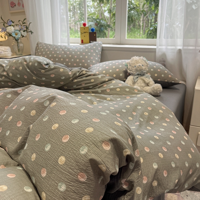 91家纺网 家纺一手货源 找家纺 王朝国际 2026爆款皱皱双层纱四件套彩色波点