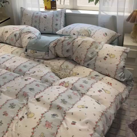 91家纺网 家纺一手货源 找家纺 王朝国际 2026爆款皱皱双层纱四件套草莓兔