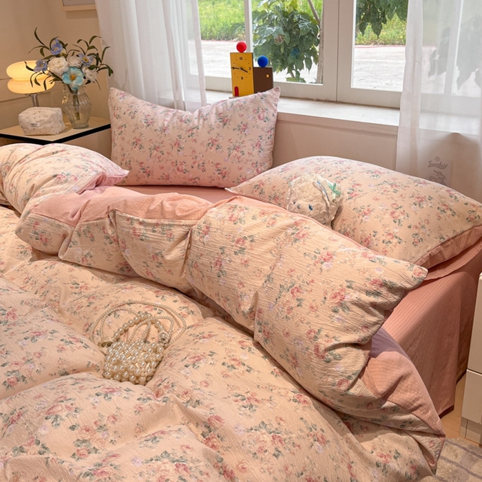 91家纺网 家纺一手货源 找家纺 王朝国际 2026爆款皱皱双层纱四件套复古蔷薇