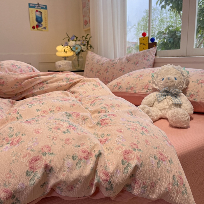 91家纺网 家纺一手货源 找家纺 王朝国际 2026爆款皱皱双层纱四件套复古蔷薇