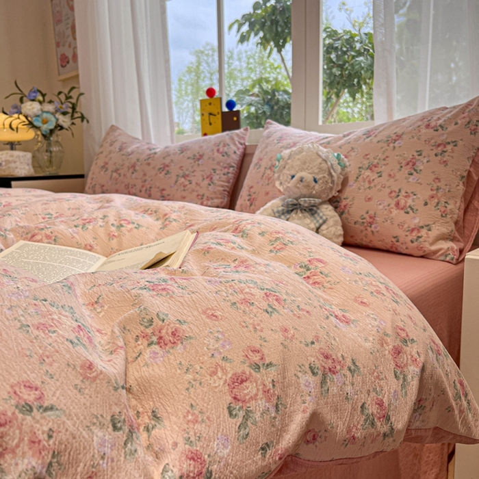 91家纺网 家纺一手货源 找家纺 王朝国际 2026爆款皱皱双层纱四件套复古蔷薇