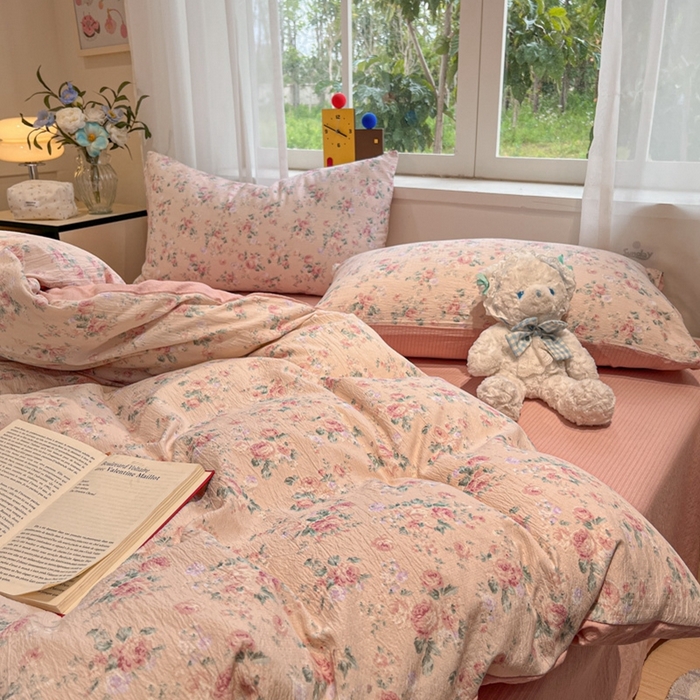 91家纺网 家纺一手货源 找家纺 王朝国际 2026爆款皱皱双层纱四件套复古蔷薇