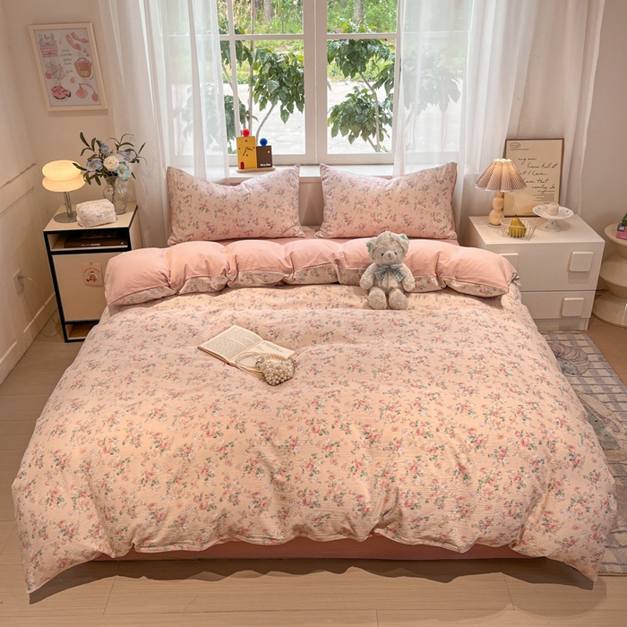 91家纺网 家纺一手货源 找家纺 王朝国际 2026爆款皱皱双层纱四件套复古蔷薇