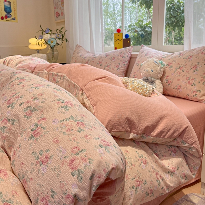 91家纺网 家纺一手货源 找家纺 王朝国际 2026爆款皱皱双层纱四件套复古蔷薇