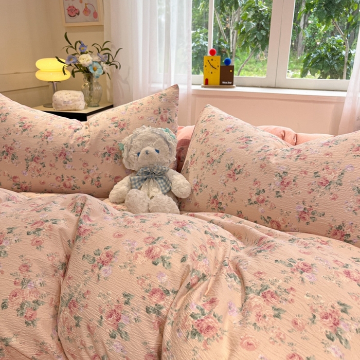 91家纺网 家纺一手货源 找家纺 王朝国际 2026爆款皱皱双层纱四件套复古蔷薇