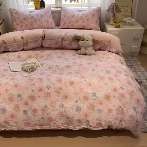 91家纺网 家纺一手货源 找家纺 王朝国际 2026爆款皱皱双层纱四件套复古蔷薇