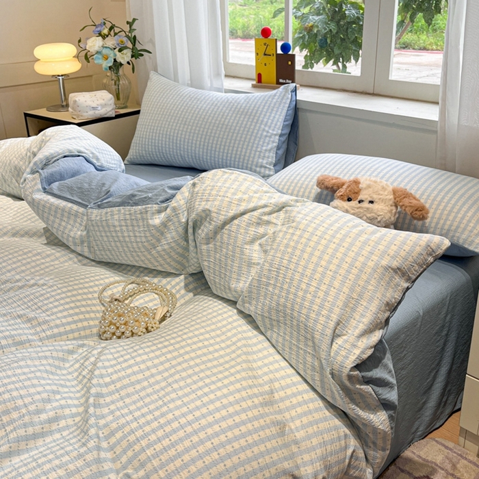 91家纺网 家纺一手货源 找家纺 王朝国际 2026爆款皱皱双层纱四件套海盐甜心