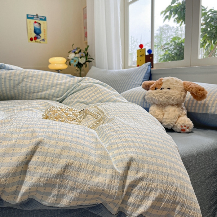 91家纺网 家纺一手货源 找家纺 王朝国际 2026爆款皱皱双层纱四件套海盐甜心