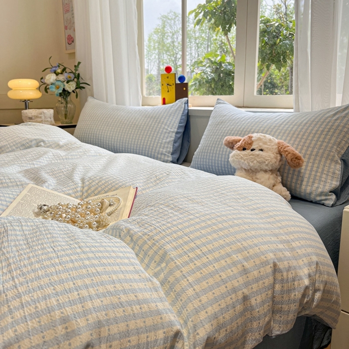 91家纺网 家纺一手货源 找家纺 王朝国际 2026爆款皱皱双层纱四件套海盐甜心