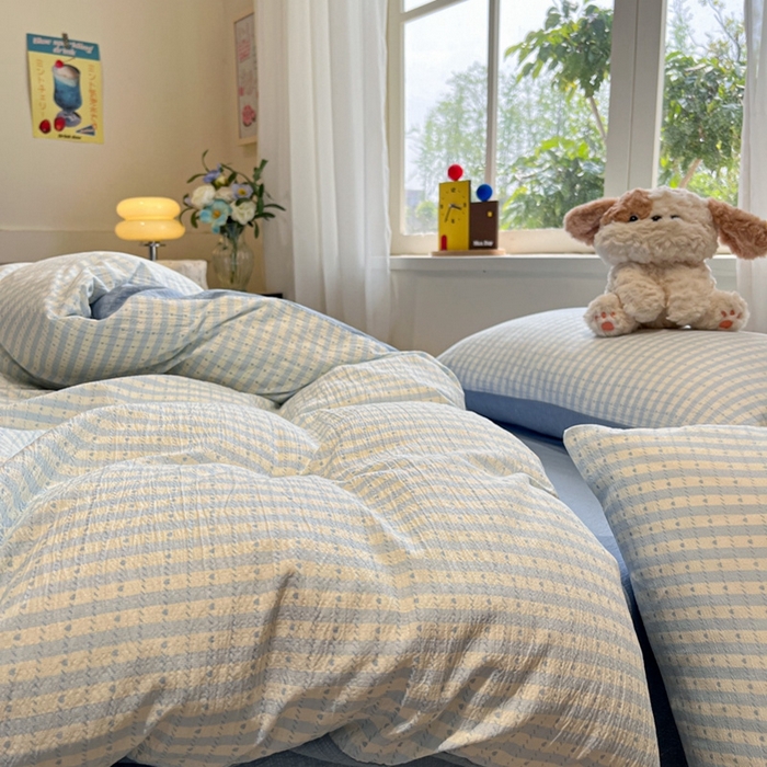 91家纺网 家纺一手货源 找家纺 王朝国际 2026爆款皱皱双层纱四件套海盐甜心