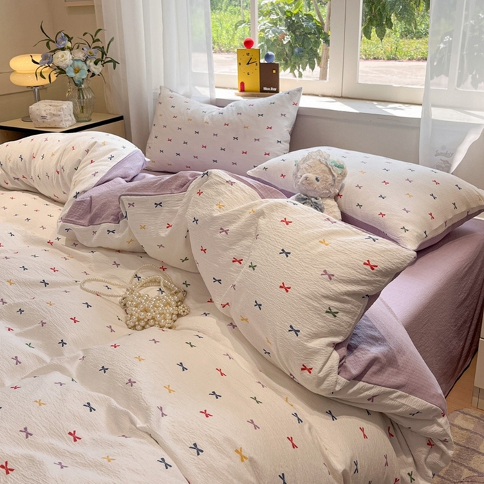 91家纺网 家纺一手货源 找家纺 王朝国际 2026爆款皱皱双层纱四件套蝴蝶结