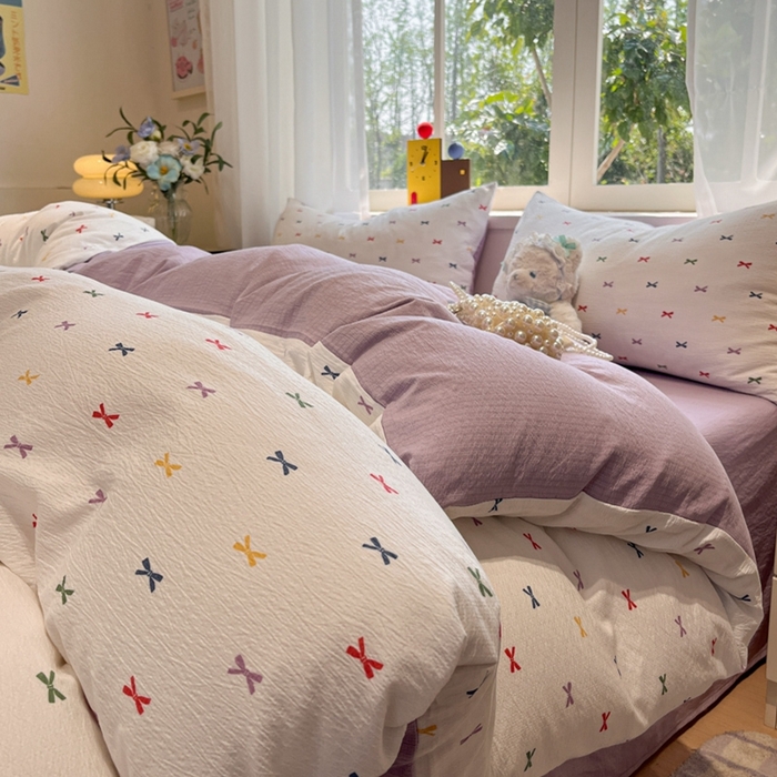 91家纺网 家纺一手货源 找家纺 王朝国际 2026爆款皱皱双层纱四件套蝴蝶结