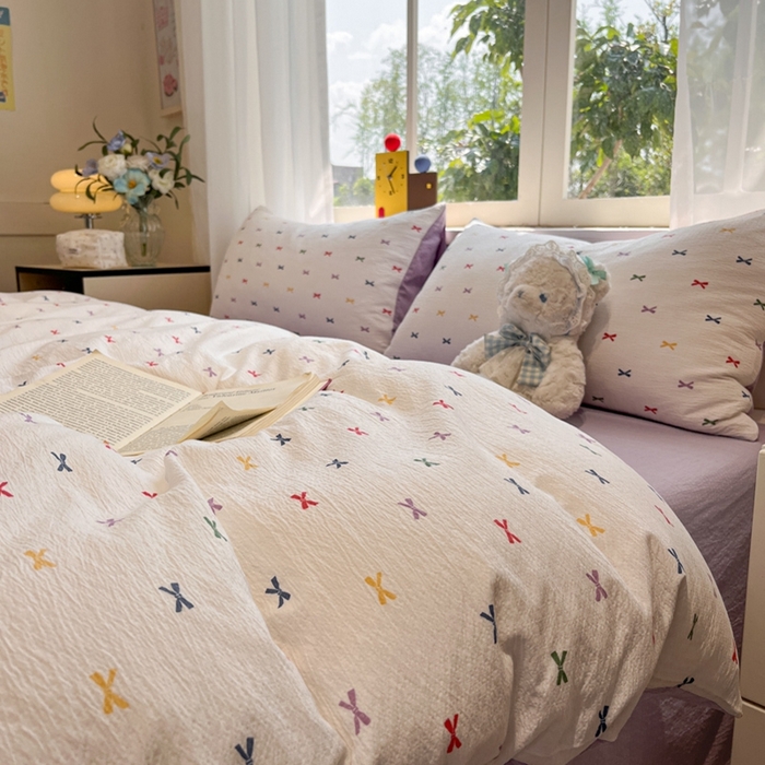 91家纺网 家纺一手货源 找家纺 王朝国际 2026爆款皱皱双层纱四件套蝴蝶结