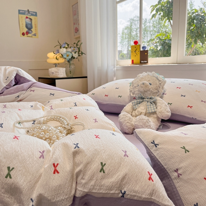 91家纺网 家纺一手货源 找家纺 王朝国际 2026爆款皱皱双层纱四件套蝴蝶结