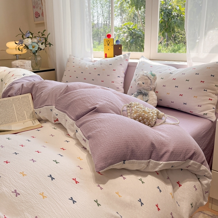 91家纺网 家纺一手货源 找家纺 王朝国际 2026爆款皱皱双层纱四件套蝴蝶结