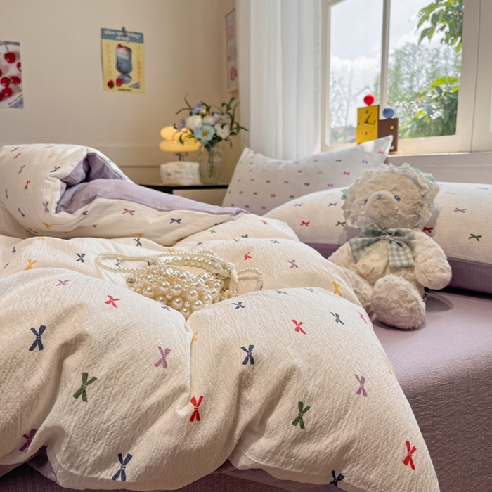 91家纺网 家纺一手货源 找家纺 王朝国际 2026爆款皱皱双层纱四件套蝴蝶结