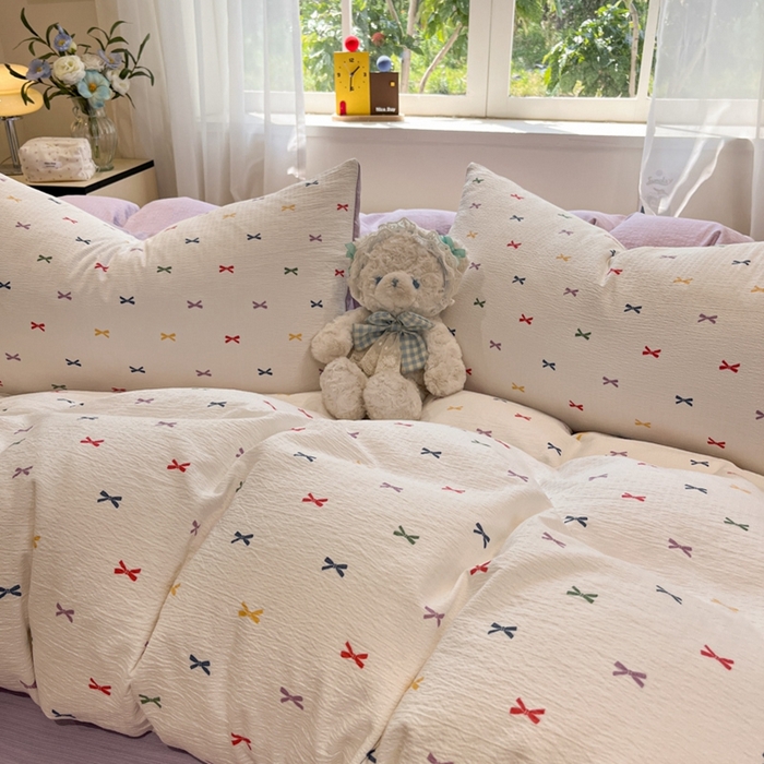 91家纺网 家纺一手货源 找家纺 王朝国际 2026爆款皱皱双层纱四件套蝴蝶结