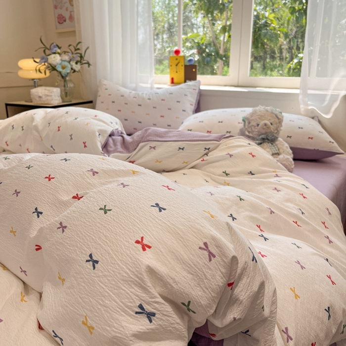 91家纺网 家纺一手货源 找家纺 王朝国际 2026爆款皱皱双层纱四件套蝴蝶结