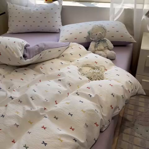 91家纺网 家纺一手货源 找家纺 王朝国际 2026爆款皱皱双层纱四件套蝴蝶结