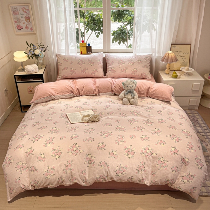 91家纺网 家纺一手货源 找家纺 王朝国际 2026爆款皱皱双层纱四件套花樱梦