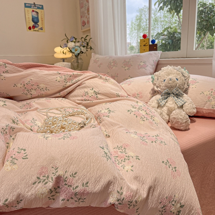 91家纺网 家纺一手货源 找家纺 王朝国际 2026爆款皱皱双层纱四件套花樱梦