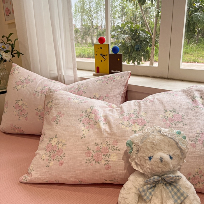 91家纺网 家纺一手货源 找家纺 王朝国际 2026爆款皱皱双层纱四件套花樱梦