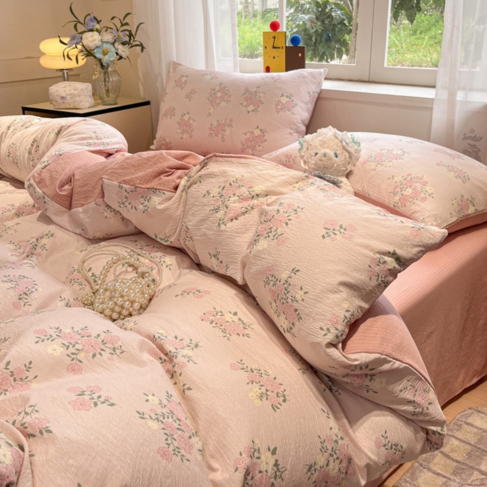 91家纺网 家纺一手货源 找家纺 王朝国际 2026爆款皱皱双层纱四件套花樱梦