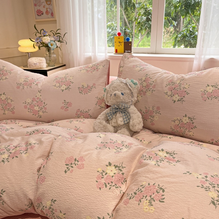 91家纺网 家纺一手货源 找家纺 王朝国际 2026爆款皱皱双层纱四件套花樱梦