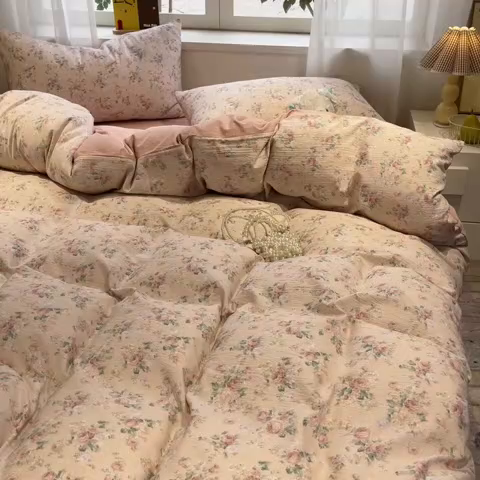 91家纺网 家纺一手货源 找家纺 王朝国际 2026爆款皱皱双层纱四件套花樱梦