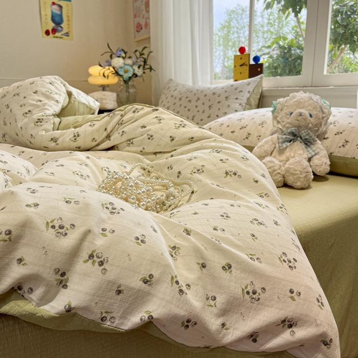 91家纺网 家纺一手货源 找家纺 王朝国际 2026爆款皱皱双层纱四件套蓝莓可可