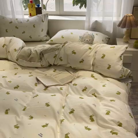 91家纺网 家纺一手货源 找家纺 王朝国际 2026爆款皱皱双层纱四件套蓝莓可可