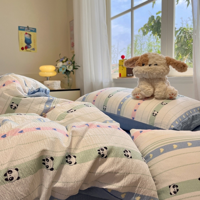 91家纺网 家纺一手货源 找家纺 王朝国际 2026爆款皱皱双层纱四件套卖萌猫