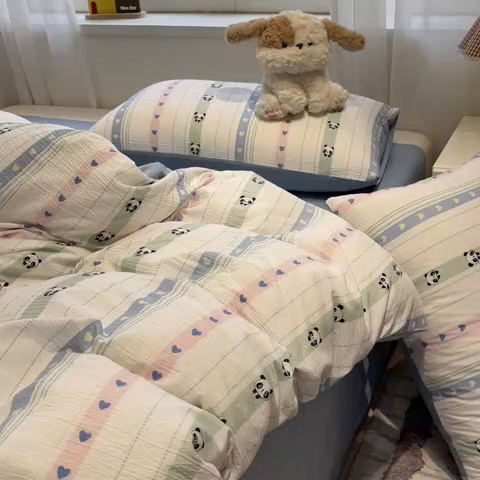 91家纺网 家纺一手货源 找家纺 王朝国际 2026爆款皱皱双层纱四件套卖萌猫