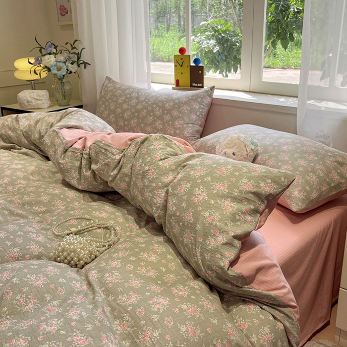 91家纺网 家纺一手货源 找家纺 王朝国际 2026爆款皱皱双层纱四件套盛夏玫瑰