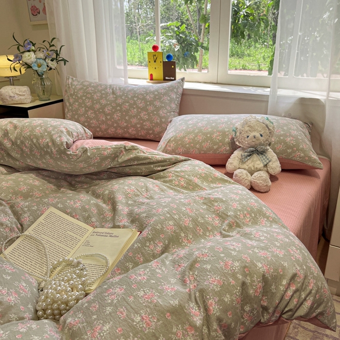 91家纺网 家纺一手货源 找家纺 王朝国际 2026爆款皱皱双层纱四件套盛夏玫瑰