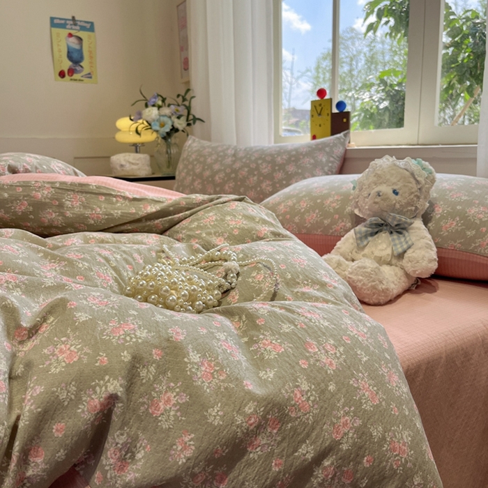 91家纺网 家纺一手货源 找家纺 王朝国际 2026爆款皱皱双层纱四件套盛夏玫瑰