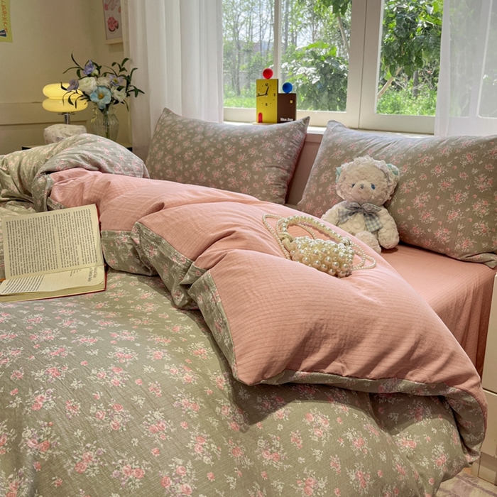 91家纺网 家纺一手货源 找家纺 王朝国际 2026爆款皱皱双层纱四件套盛夏玫瑰