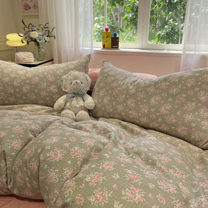 91家纺网 家纺一手货源 找家纺 王朝国际 2026爆款皱皱双层纱四件套盛夏玫瑰