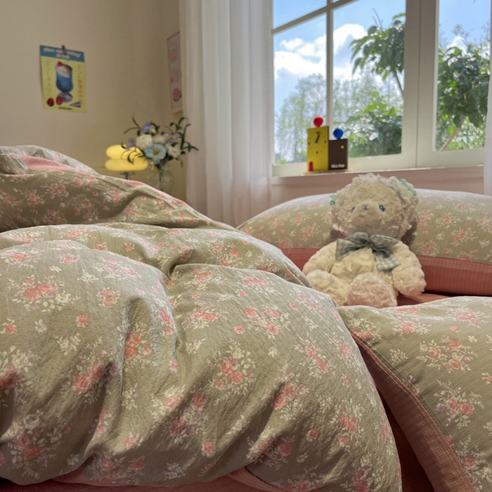 91家纺网 家纺一手货源 找家纺 王朝国际 2026爆款皱皱双层纱四件套盛夏玫瑰