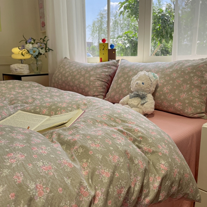 91家纺网 家纺一手货源 找家纺 王朝国际 2026爆款皱皱双层纱四件套盛夏玫瑰