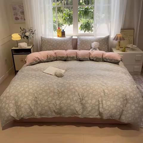 91家纺网 家纺一手货源 找家纺 王朝国际 2026爆款皱皱双层纱四件套盛夏玫瑰