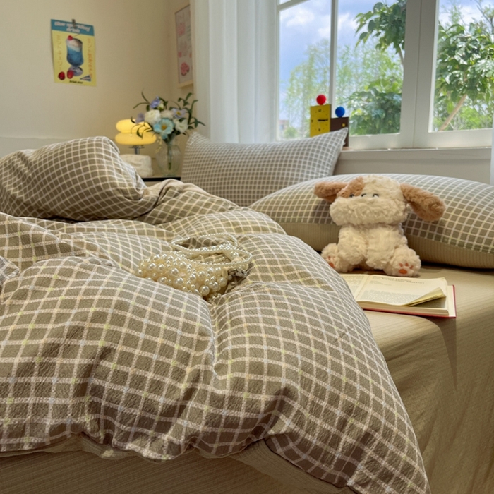 91家纺网 家纺一手货源 找家纺 王朝国际 2026爆款皱皱双层纱四件套素雅格