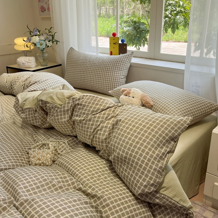 91家纺网 家纺一手货源 找家纺 王朝国际 2026爆款皱皱双层纱四件套素雅格