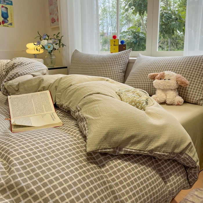 91家纺网 家纺一手货源 找家纺 王朝国际 2026爆款皱皱双层纱四件套素雅格