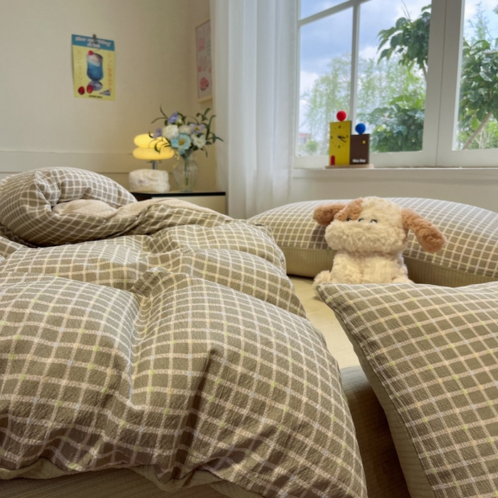 91家纺网 家纺一手货源 找家纺 王朝国际 2026爆款皱皱双层纱四件套素雅格